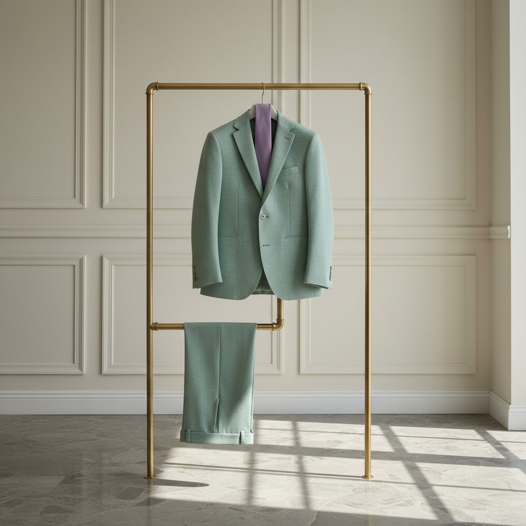 A light blue or aqua blue men's suit and matching trouser pants on a thin gold garment rack. The white molded wall has rec...